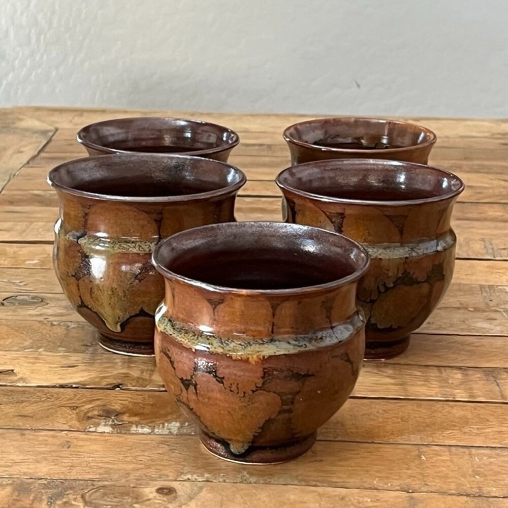 Art Studio Pottery Ceramic Mug Set (5) Unique Marbled Glaze Black Accents